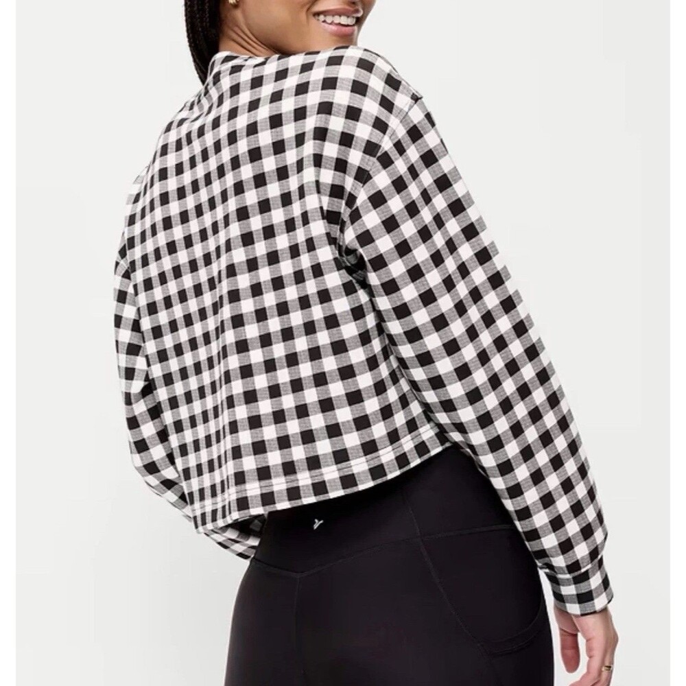Old Navy Sweatshirt Crop White Gingham Dynamic Fleece Oversized Cozy Large NWT